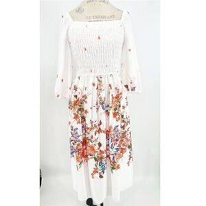 MAISON NWT Tara Floral Smocked White Midi Square Neck Dress SIZE 8